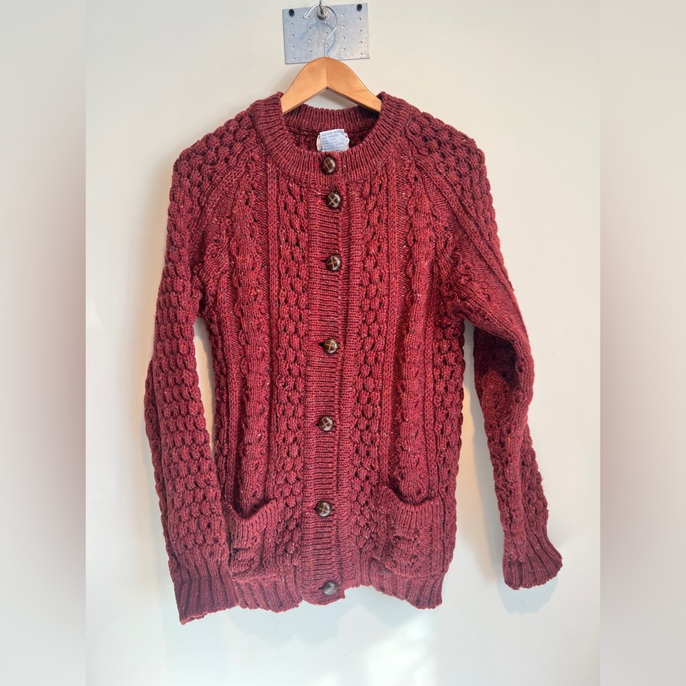 Vintage Slieve League Ireland Pure Wool Fisherman Knit Sweater Burgundy Size 38